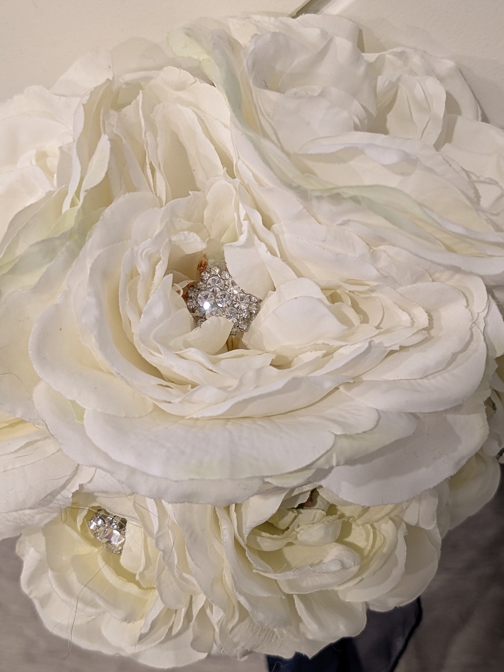 Artificial Bridal Bouquet - White Peony with Sparkles & Navy Blue Ribbon Handle - Picture 8 of 10